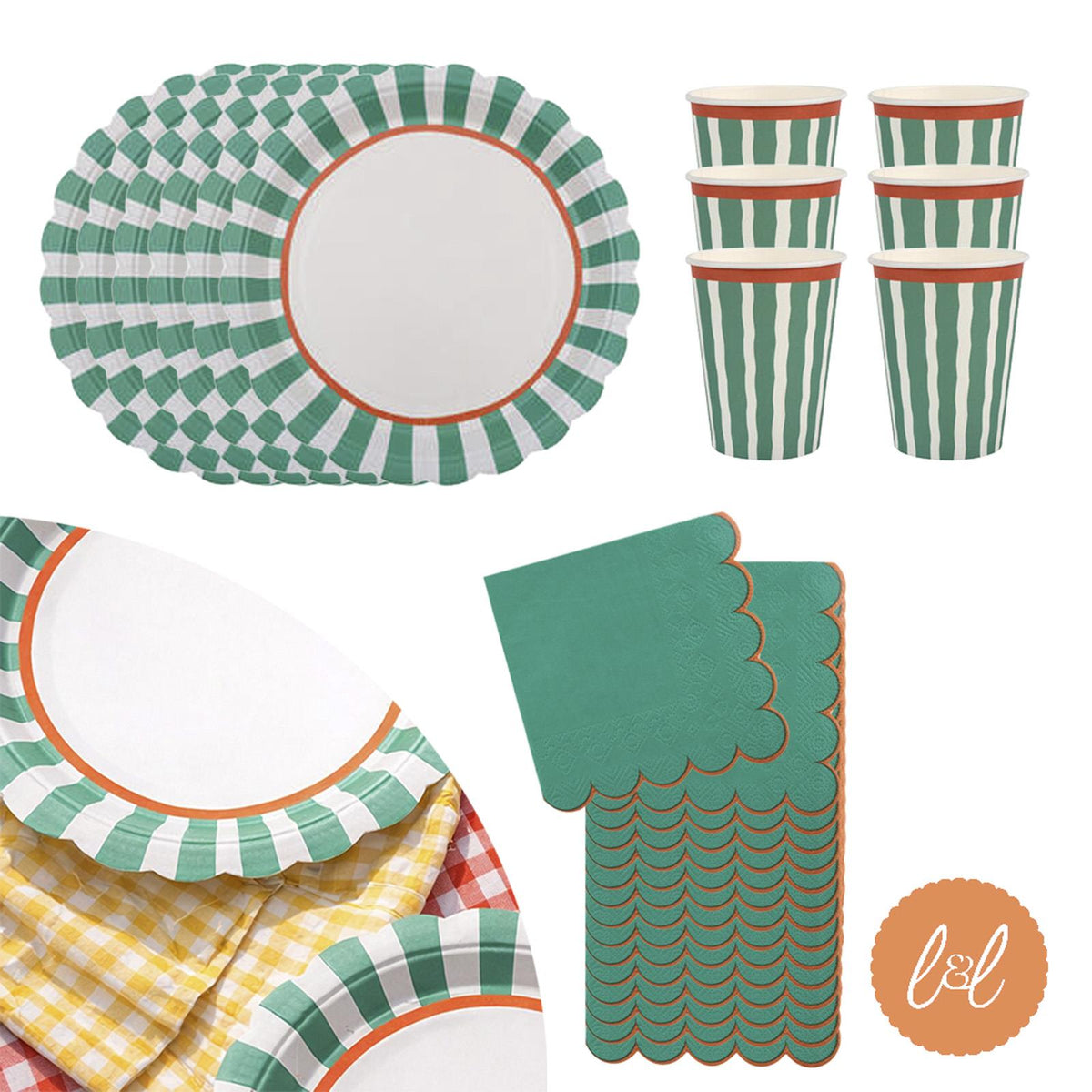 Green Striped Paper Plates, Cups and Napkins Tableware Set (Party Pack for 6)