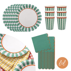 Green Striped Paper Plates, Cups and Napkins Tableware Set (Party Pack for 6)