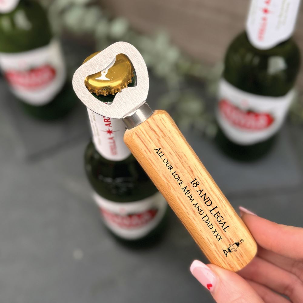 wooden-personalised-bottle-opener-birthday-gift-18-and-legal|LLUVBOBD1|Luck and Luck| 1