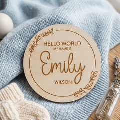 Personalised Wooden Welcome to the World Baby Name Announcement Disc Gift (10 cm)