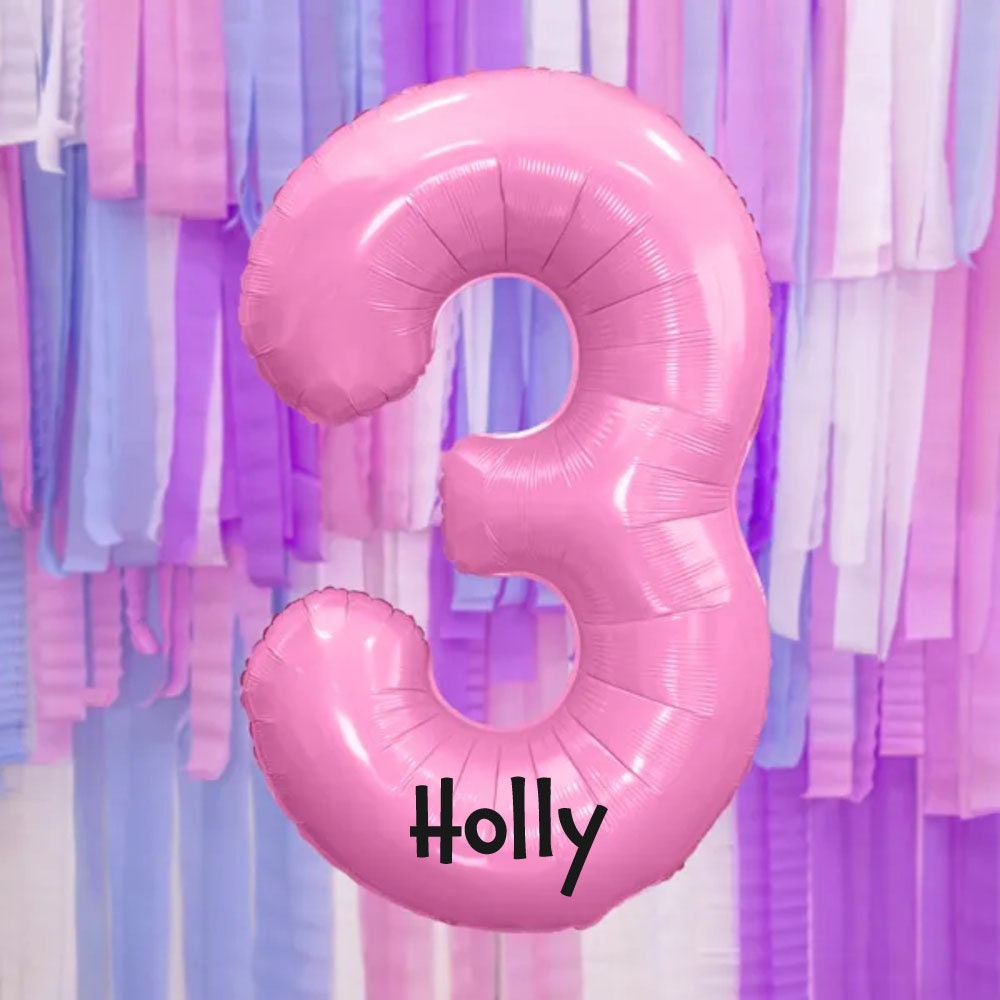 Giant Pink Number Balloon and Personalisation, Girls Birthday Age Balloons, Party Decor, Number 0 1 2 3 4 5 6 7 8 9, Vinyl Sticker Name