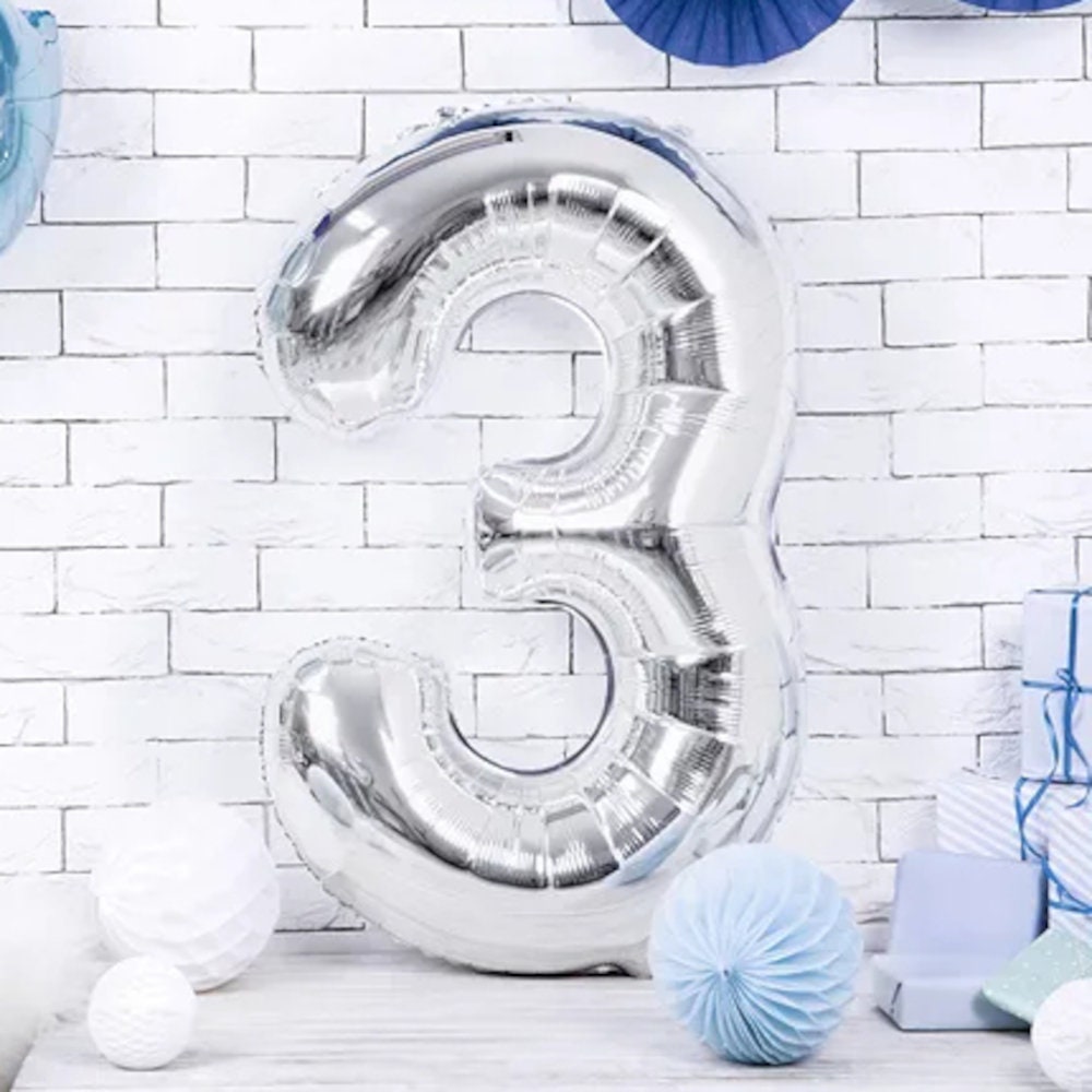 Giant Silver Number Balloon and Personalisation, Birthday Age Balloons, Party Decor, Number 0 1 2 3 4 5 6 7 8 9, Vinyl Sticker Name