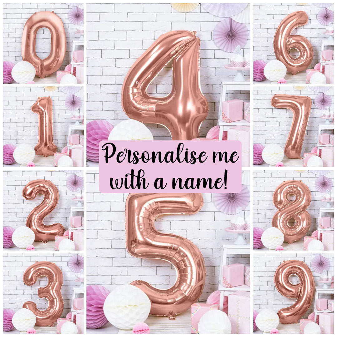 Giant Rose Gold Number Balloon and Personalisation, Birthday Age Balloons, Party Decor, Number 0 1 2 3 4 5 6 7 8 9, Vinyl Sticker Name