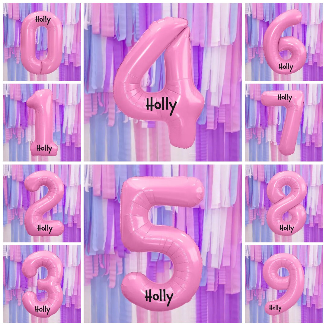 Giant Pink Number Balloon and Personalisation, Girls Birthday Age Balloons, Party Decor, Number 0 1 2 3 4 5 6 7 8 9, Vinyl Sticker Name