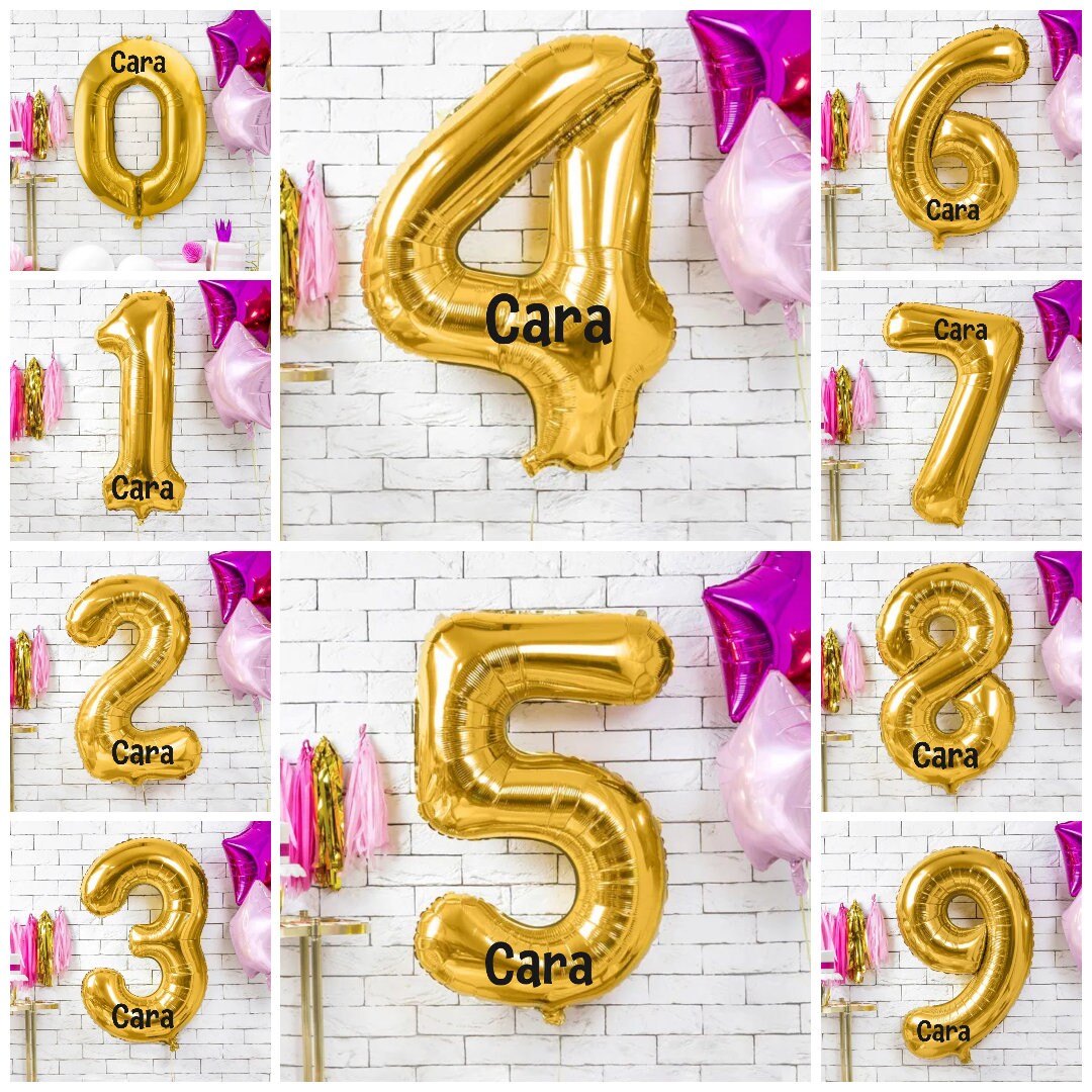 Giant Gold Number Balloon and Personalisation, Birthday Age Balloons, Party Decor, Number 0 1 2 3 4 5 6 7 8 9, Vinyl Sticker Name