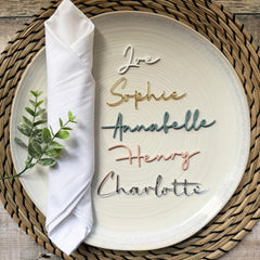 Personalised Acrylic Birthday Party Place Names, Coloured Napkin Wedding Favours, Small Childrens Craft Name Tags, Modern Laser Cut Names, Font 6