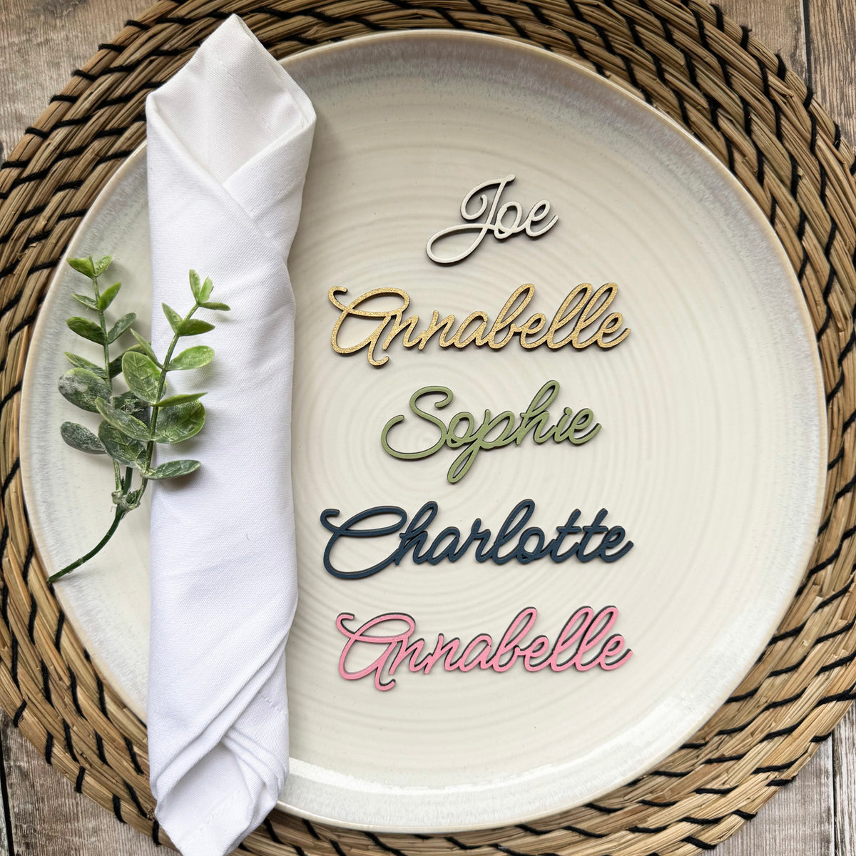 Personalised Wooden Wedding Place Names, Customisable Colour Wedding Favours, Small Childrens Wood Name Tags, Wooden Names, Laser Cut, Font 11