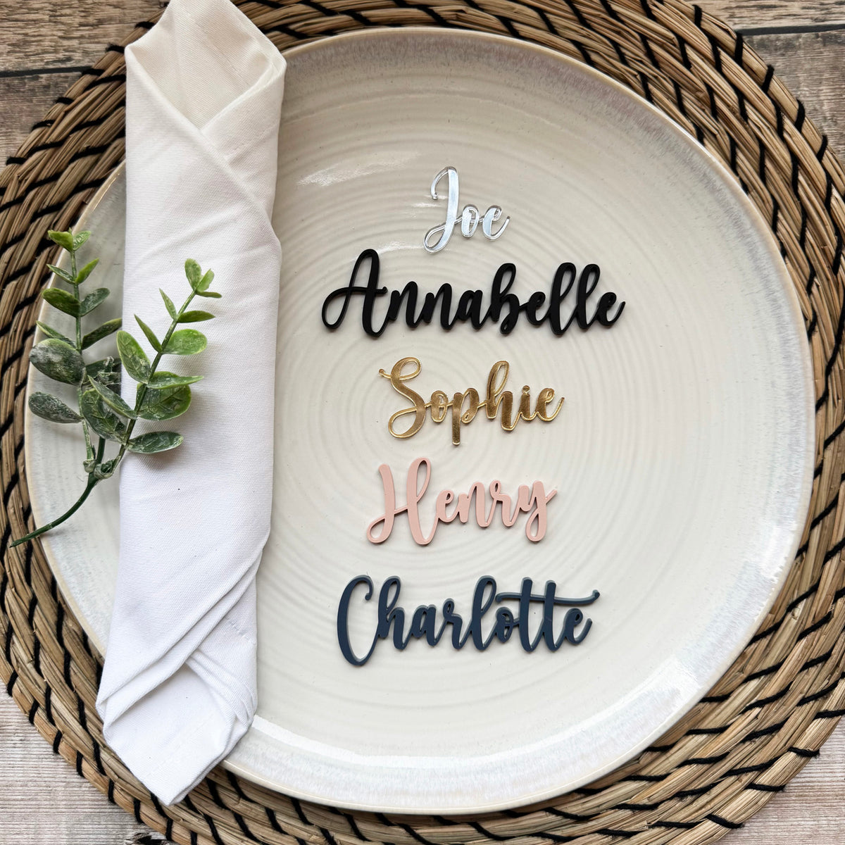 Acrylic Wedding Place Names, Personalised Coloured Napkin Favours, Small Childrens Acrylic Name Tags, Modern Name Cards, Laser Cut Names, Font 8