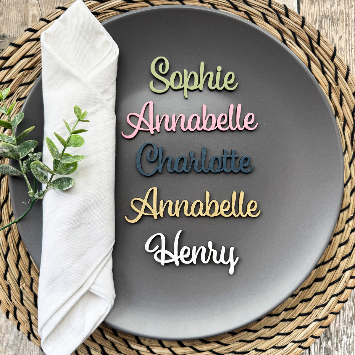 Personalised Wooden Name Place Name Cards, Wedding Favours, Small Children's Wood Name Tags, Wooden Names, Laser Cut Wooden Place Names, Font 17