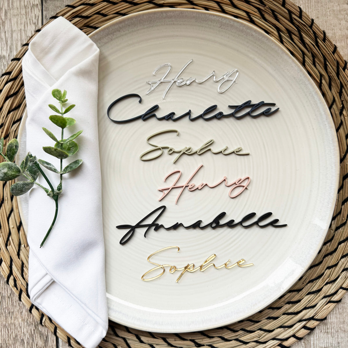 Acrylic Wedding Place Names, Personalised Coloured Napkin Favours, Acrylic Place Setting Name Tags, Modern Name Cards, Laser Cut Names, Font 19
