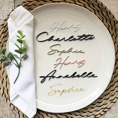 Acrylic Wedding Place Names, Personalised Coloured Napkin Favours, Acrylic Place Setting Name Tags, Modern Name Cards, Laser Cut Names, Font 19