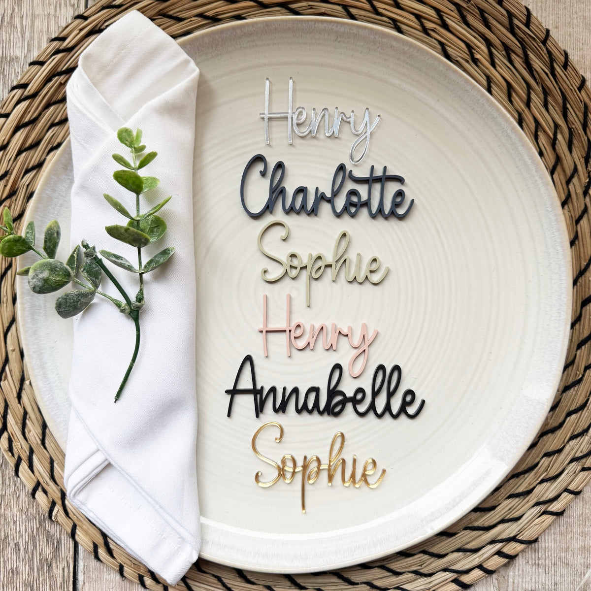 Acrylic Wedding Place Names, Personalised Coloured Napkin Favours, Acrylic Place Setting Name Tags, Modern Name Cards, Laser Cut Names, Font 22