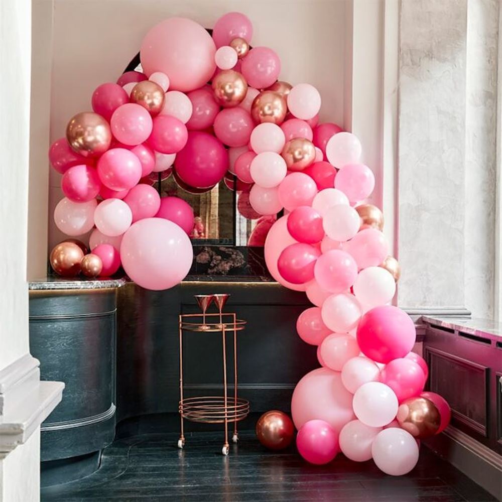 pink-gold-white-balloon-backdrop-arch-200-balloons|BA-320|Luck and Luck| 1
