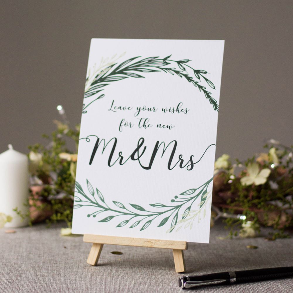 leave-your-wishes-white-card-botanical-and-easel-sign-wedding-guest-book|LLSTWBOTLYW|Luck and Luck| 1
