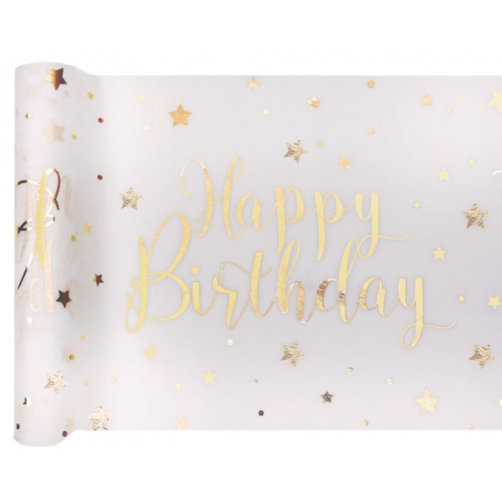 white-and-gold-happy-birthday-table-runner-5m|674400000001|Luck and Luck|2