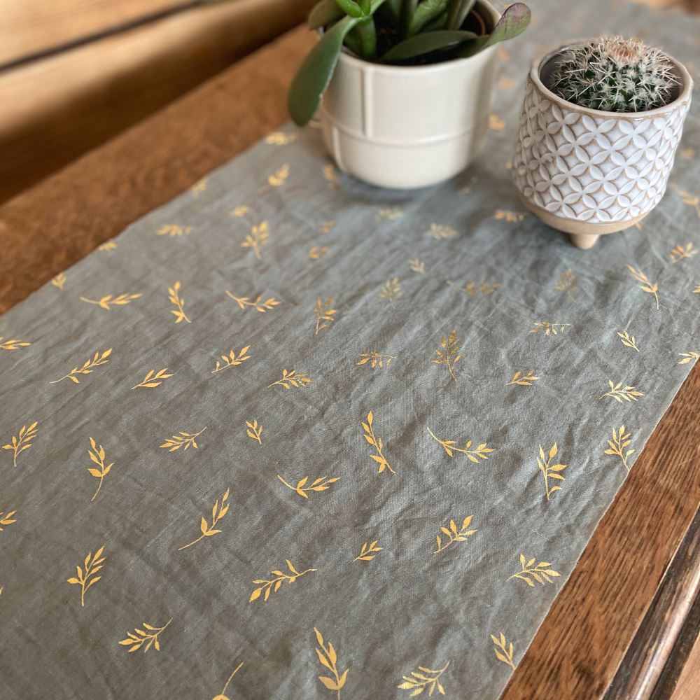 sage-green-and-gold-sprigs-table-runner-5m|93733|Luck and Luck| 1