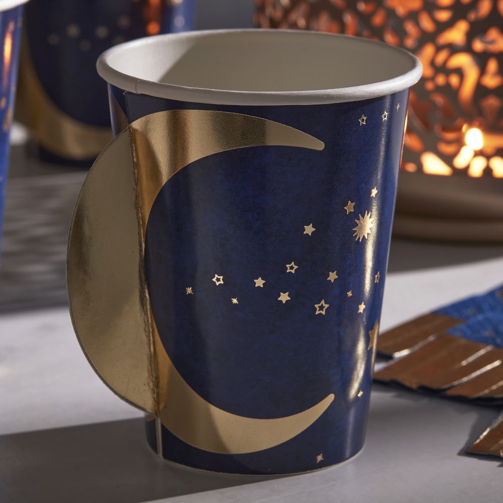 navy-and-gold-pop-out-moon-eid-paper-cups-x-8|EID-100|Luck and Luck|2
