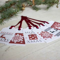 christmas-gift-tags-red-and-white-reindeers-snowflakes-x-6-xmas-present-labels|LLTAWRRST|Luck and Luck| 1