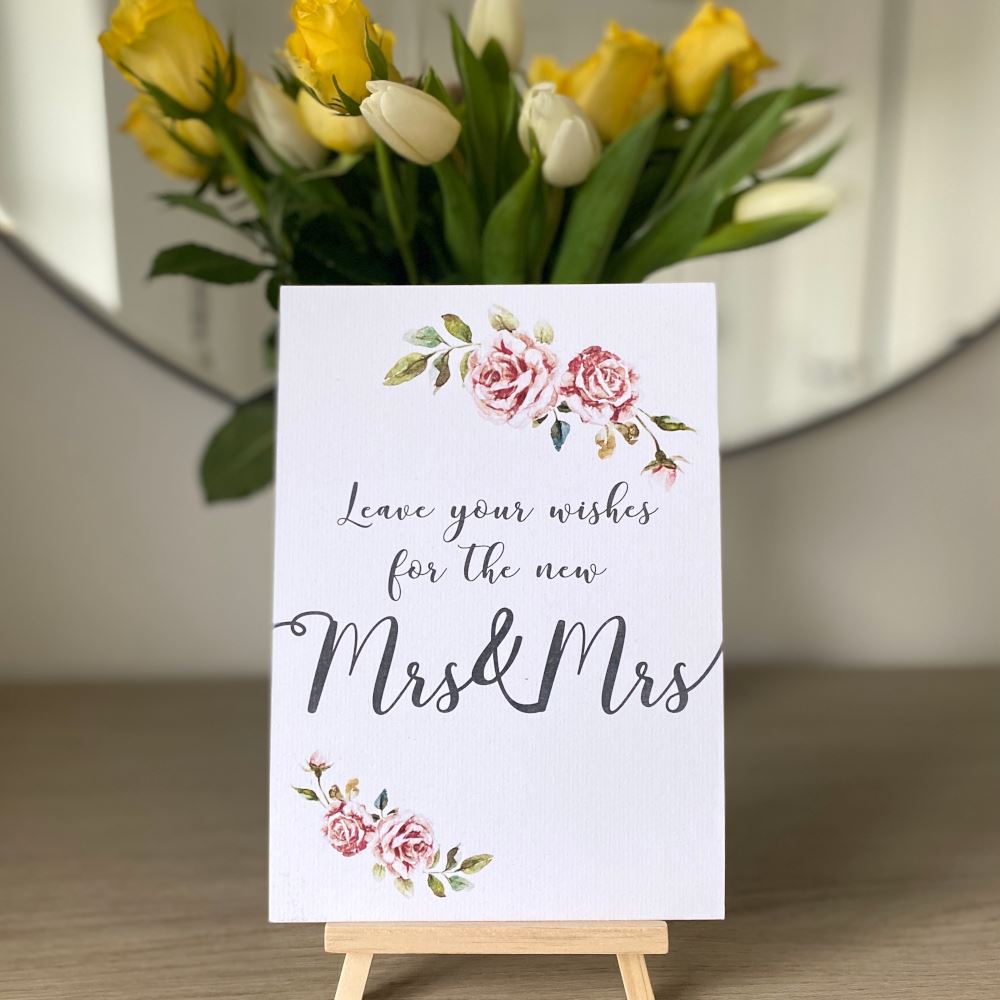 white-boho-leave-your-wishes-for-the-new-mrs-and-mrs-a5-card-and-easel|LLSTWBOHOLYWMRS|Luck and Luck| 1