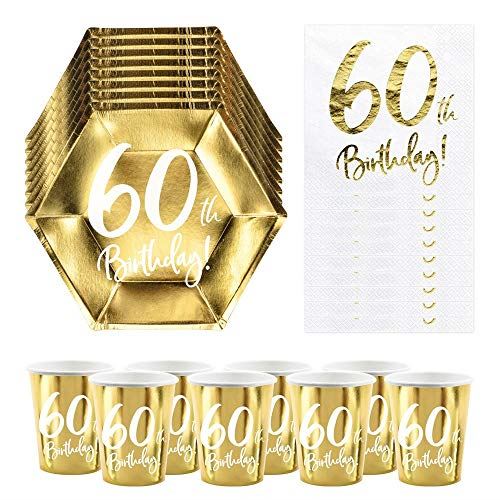 60th-birthday-party-pack-6-gold-plates-6-gold-paper-cups-20-paper-napkins|PP60THDECO|Luck and Luck| 1