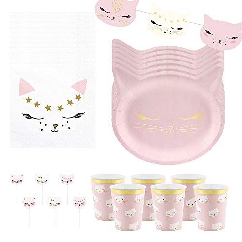 cat-birthday-party-pack-for-6-plates-napkins-cups-garland-candles|CATPPSET2|Luck and Luck|2