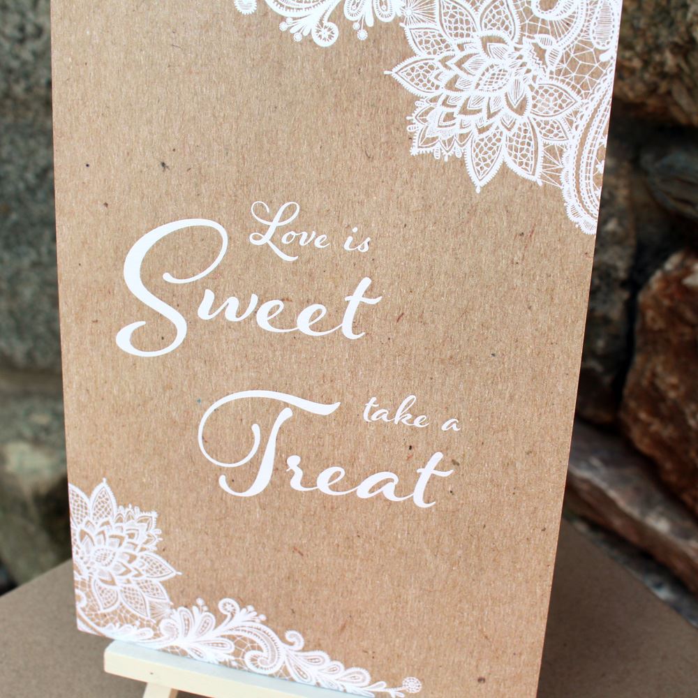 rustic-wedding-love-is-sweet-take-a-treat-brown-card-with-white-lace-design|LLSTWLACELIS|Luck and Luck| 3