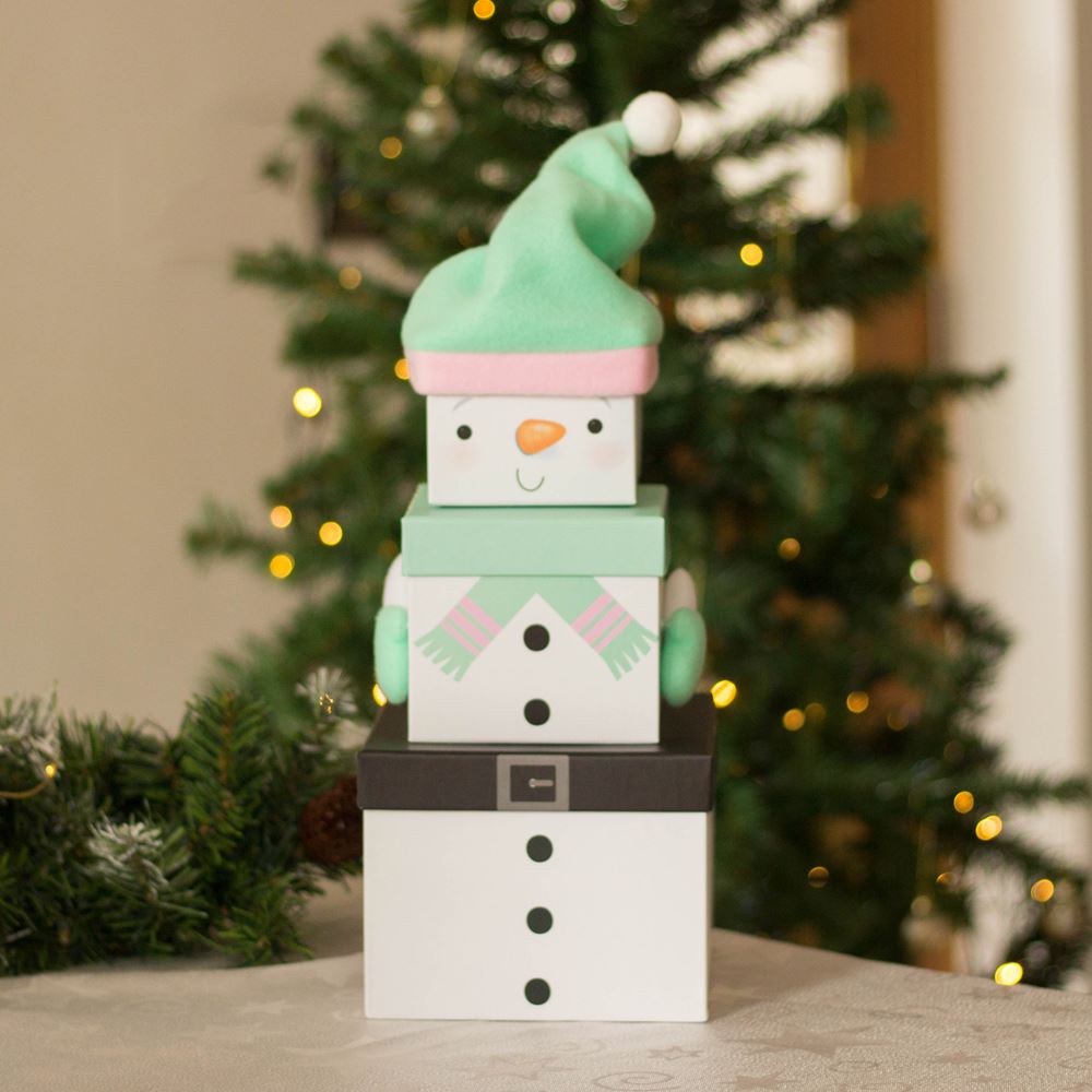 small-snowman-with-green-hat-stackable-christmas-boxes-3-pack|X-29559-BXC|Luck and Luck| 1