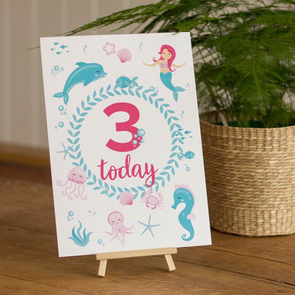 mermaid-3-age-birthday-sign-and-easel|LLSTWMERMAID3A4|Luck and Luck| 1