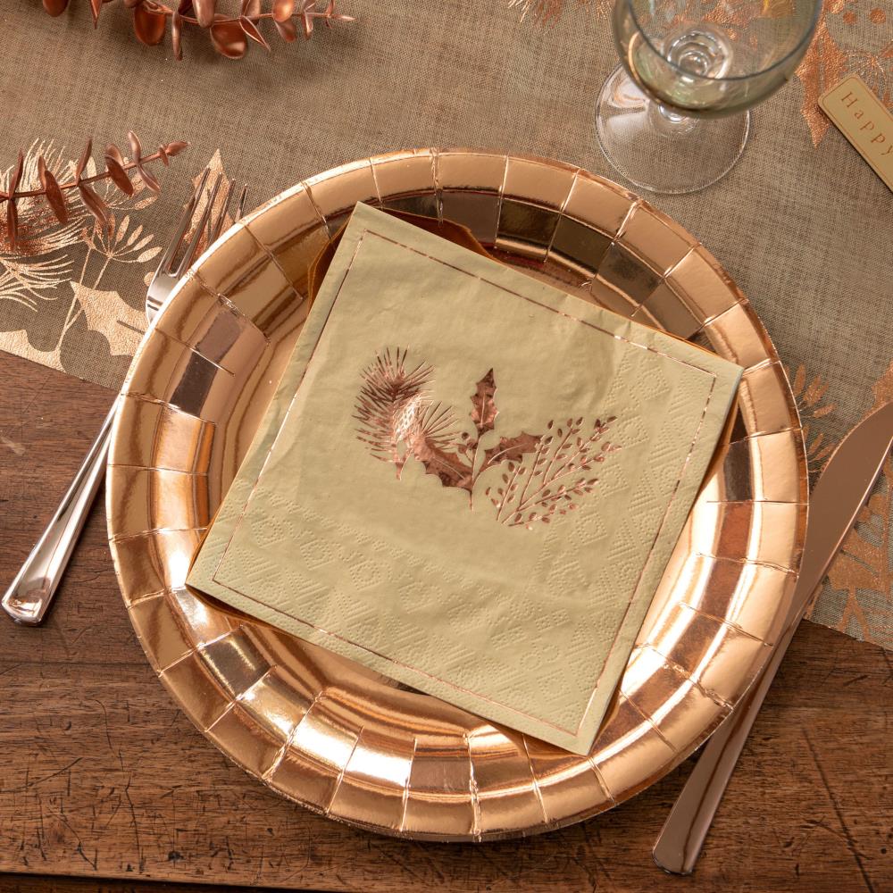 olive-green-paper-napkins-with-rose-gold-holly-foiled-x-20|7704|Luck and Luck| 1