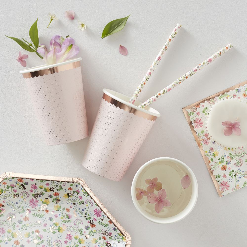 paper-party-cups-ditsy-floral-rose-gold-edge-pack-of-8-wedding-tea-party|DF-802|Luck and Luck| 1