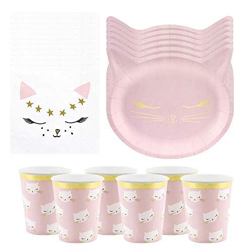 cat-birthday-party-pack-for-6-pink-plates-cups-and-napkins|CATPPSET1|Luck and Luck| 1
