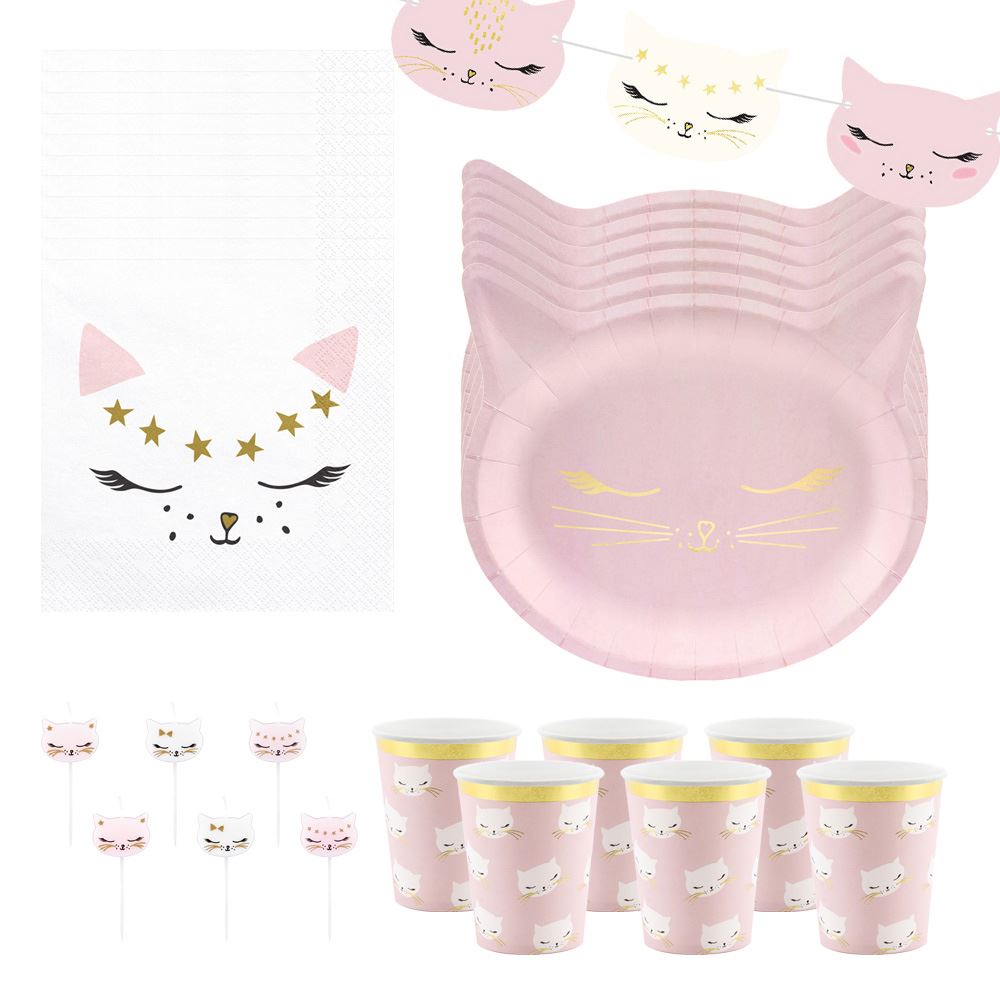 cat-birthday-party-pack-for-6-plates-napkins-cups-garland-candles|CATPPSET2|Luck and Luck| 1
