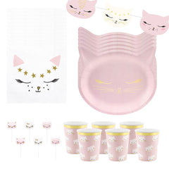 cat-birthday-party-pack-for-6-plates-napkins-cups-garland-candles|CATPPSET2|Luck and Luck| 1