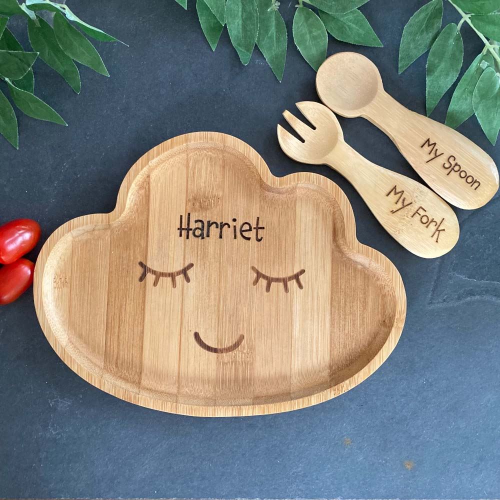 personalised-childrens-cloud-bamboo-plate-spoon-and-fork-set|LLWWJQY028SF|Luck and Luck| 1
