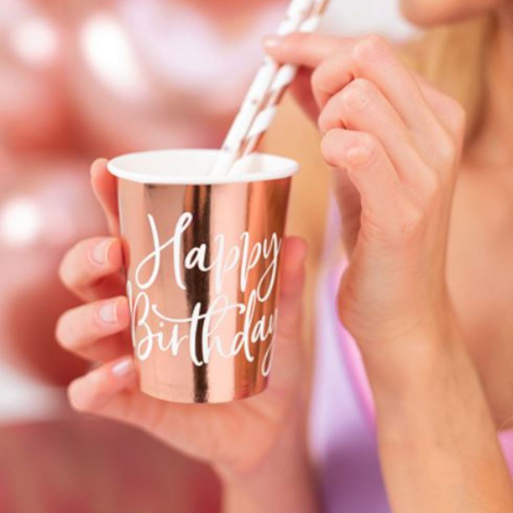happy-birthday-pink-gold-rose-gold-metallic-party-cups-x-6|KPP75-019R-EU2|Luck and Luck| 1