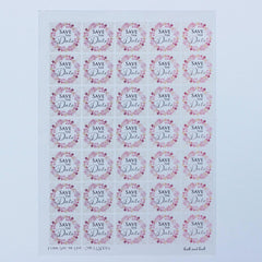 save-the-date-pink-floral-wreath-single-sticker-sheet-with-35-stickers|LLSD014|Luck and Luck|2