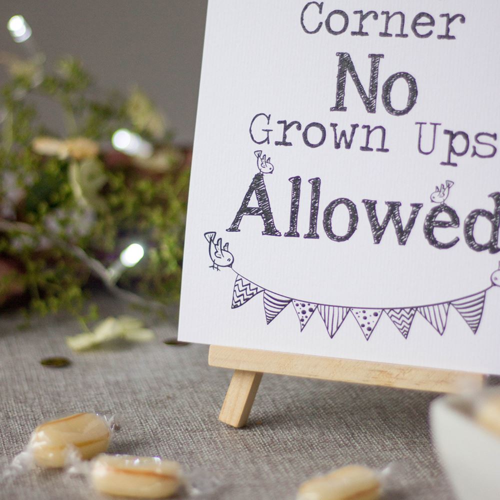 wedding-sign-white-kids-corner-no-grown-ups-allowed-sign-and-easel|LLSTWMAMKC|Luck and Luck|2