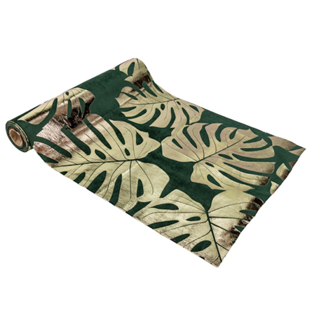 green-and-gold-leaf-tropical-velvet-table-runner-3m|79887|Luck and Luck|2
