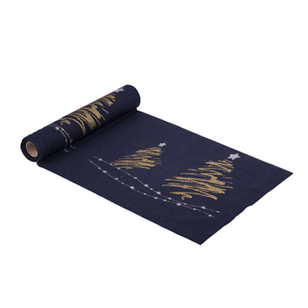navy-christmas-table-runner-with-gold-tree-and-silver-stars-3m|82212|Luck and Luck|2