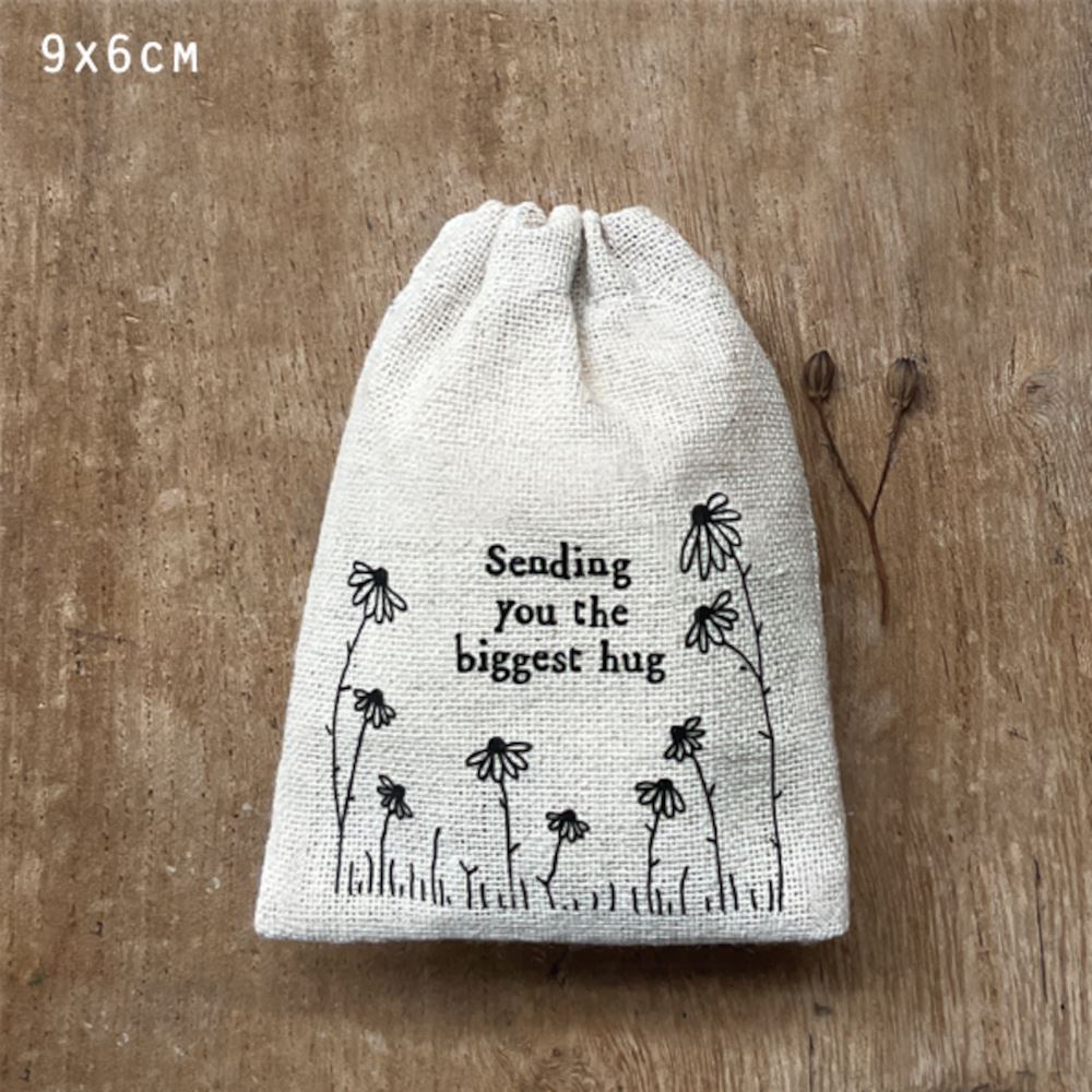 east-of-india-small-rustic-drawstring-cotton-gift-bag-sending-hugs|1683|Luck and Luck| 1