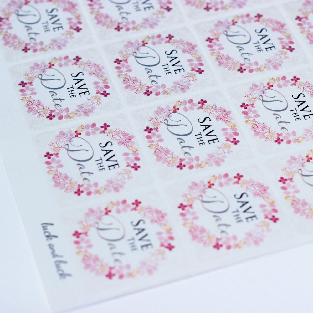 save-the-date-pink-floral-wreath-single-sticker-sheet-with-35-stickers|LLSD014|Luck and Luck| 1