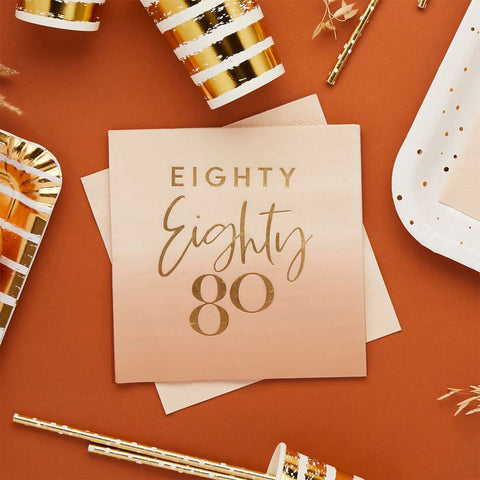 gold-foil-eighty-80th-birthday-peach-ombre-napkins-x-16|HBMB116|Luck and Luck| 1