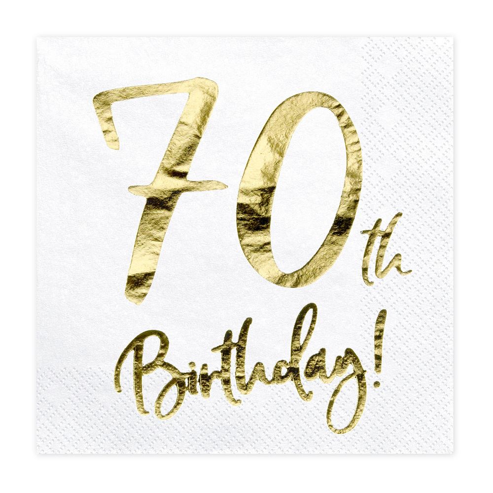 70th-birthday-white-party-paper-napkins-x-20-gold-text|SP33-77-70-008|Luck and Luck|2