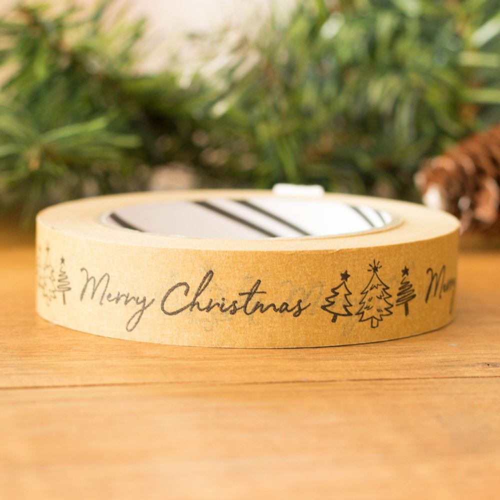 brown-kraft-paper-tape-merry-christmas-and-trees-50m|LLLTAPEKMC|Luck and Luck| 1