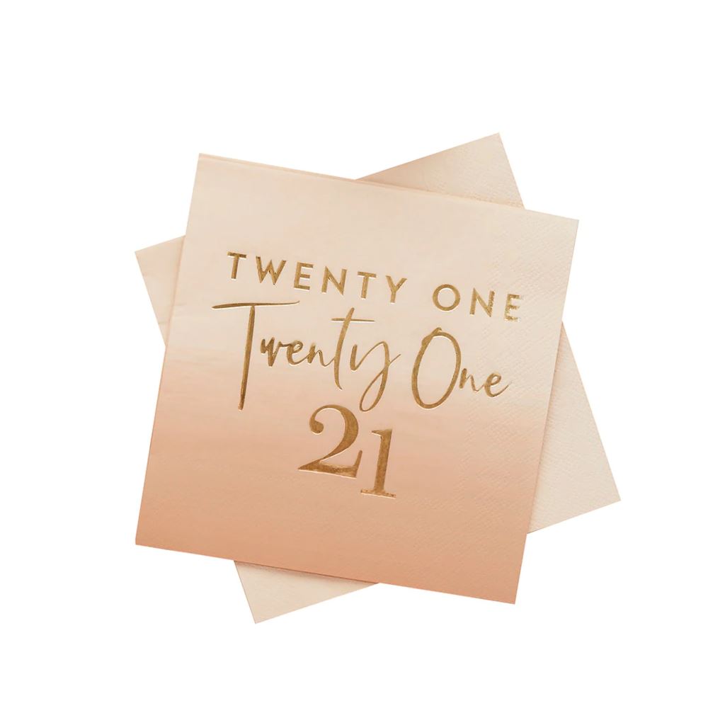 gold-foil-twenty-one-21st-birthday-peach-ombre-napkins-x-16|HBMB110|Luck and Luck|2