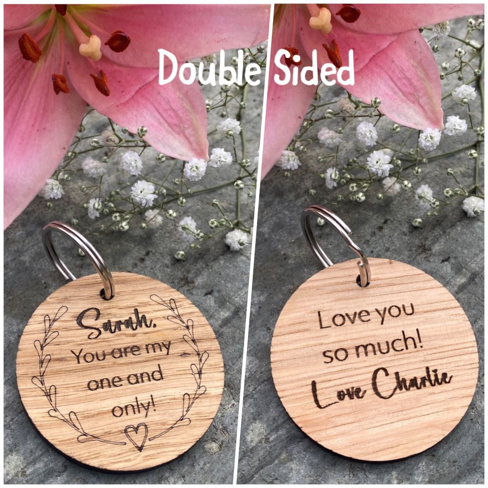 personalised-wood-oak-veneer-keyring-you-are-my-one-and-only-wreath|LLWWCOUPKEYRINGD5|Luck and Luck| 1