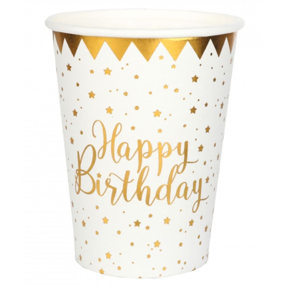 white-and-gold-happy-birthday-paper-cups-x-10|674600000001|Luck and Luck|2