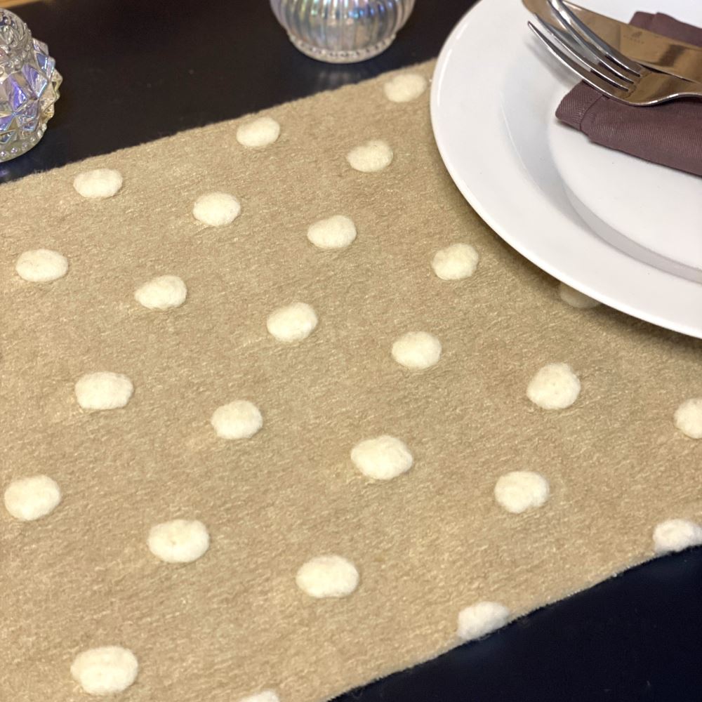 beige-wool-table-runner-with-cream-pom-poms-28cm-x-1-50m|91132|Luck and Luck|2