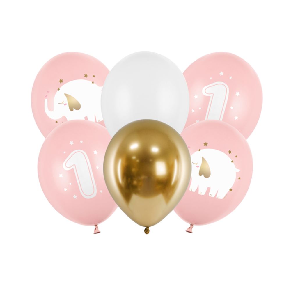 pastel-pink-age-1-party-balloons-x-6-w-elephants|SB14P-322-081J-6|Luck and Luck| 1