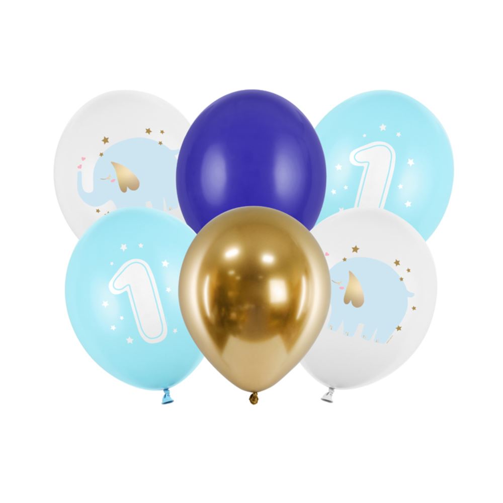 pastel-blue-age-1-party-balloon-pack-x-6-with-elephants|SB14P-322-001J-6|Luck and Luck| 1
